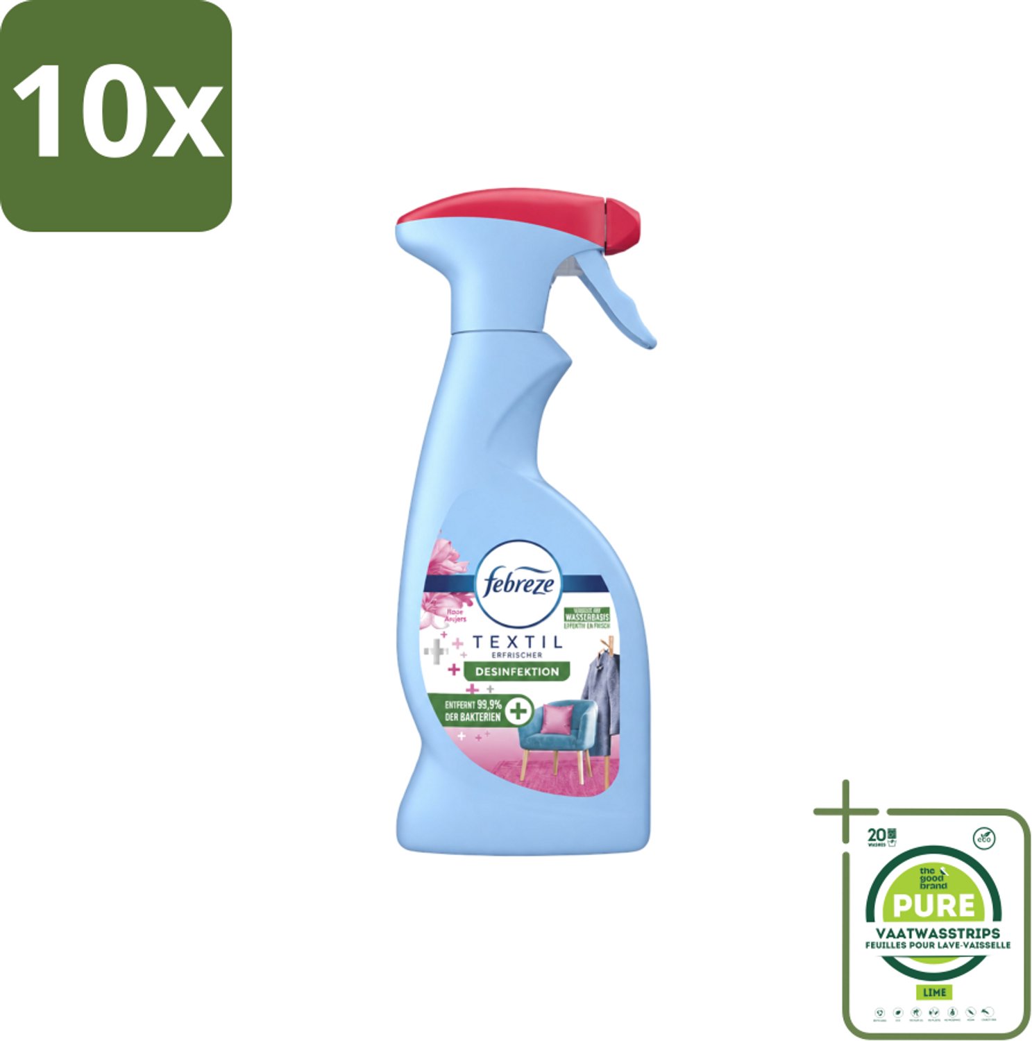 10 x Febreze – Textielspray – Roze Anjers – 375 ml - Grootverpakking - Vaatwasstrips - Textielgeur - Textielverzorging - Geurverwijdering - Textielspray - Roze Anjers