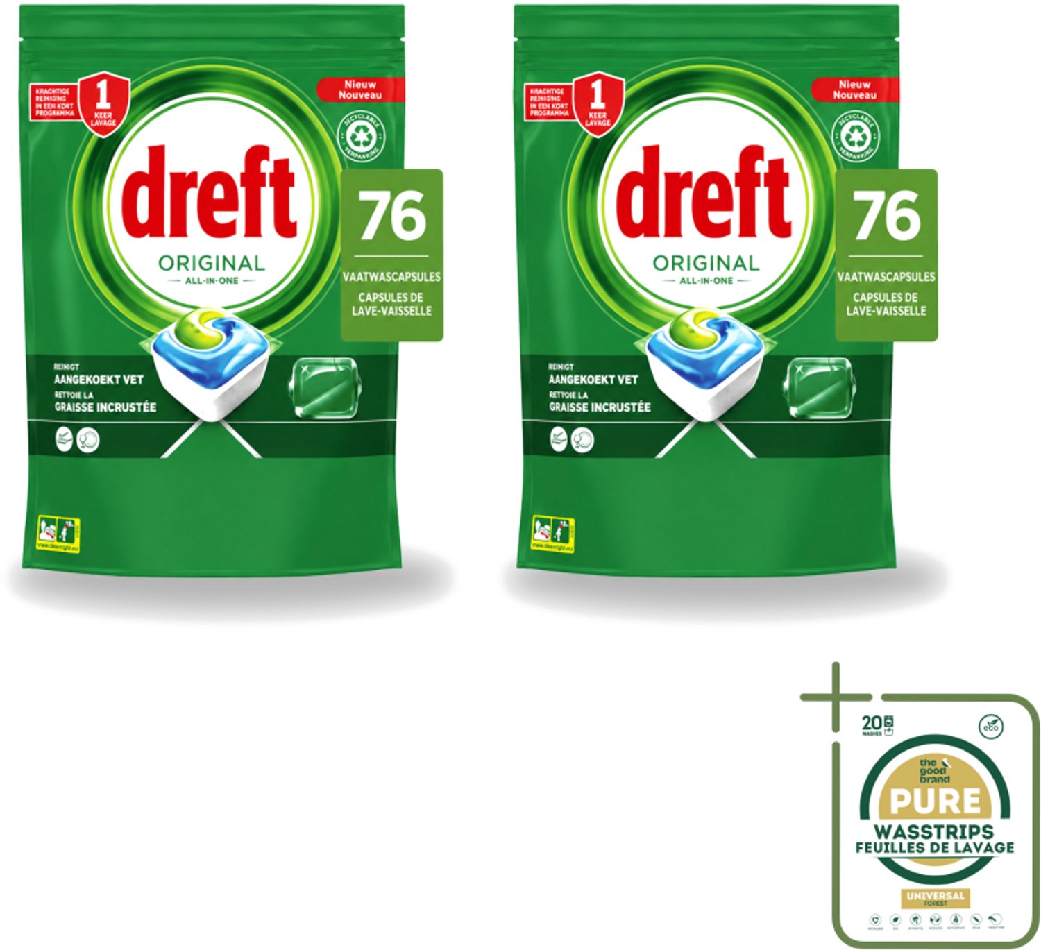 2 x Dreft – Vaatwascapsules – Original All-in-One – 76 Capsules - Wasstrips - Vaatwassen - Vaatwascapsules - Reinigingscapsule - Vaatwasser - Vetoplossing