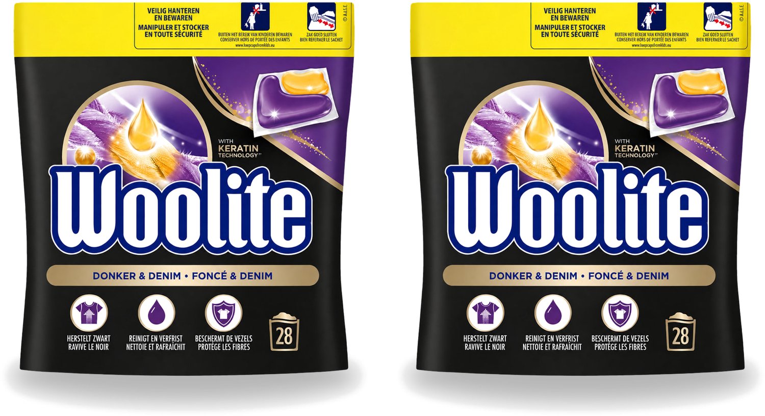 2 x Woolite Dark - Wasmiddelcapsules - Met Keratine - Donkere & Denim Was - 28 Wasbeurten - Voordeelverpakking - 2 stuks