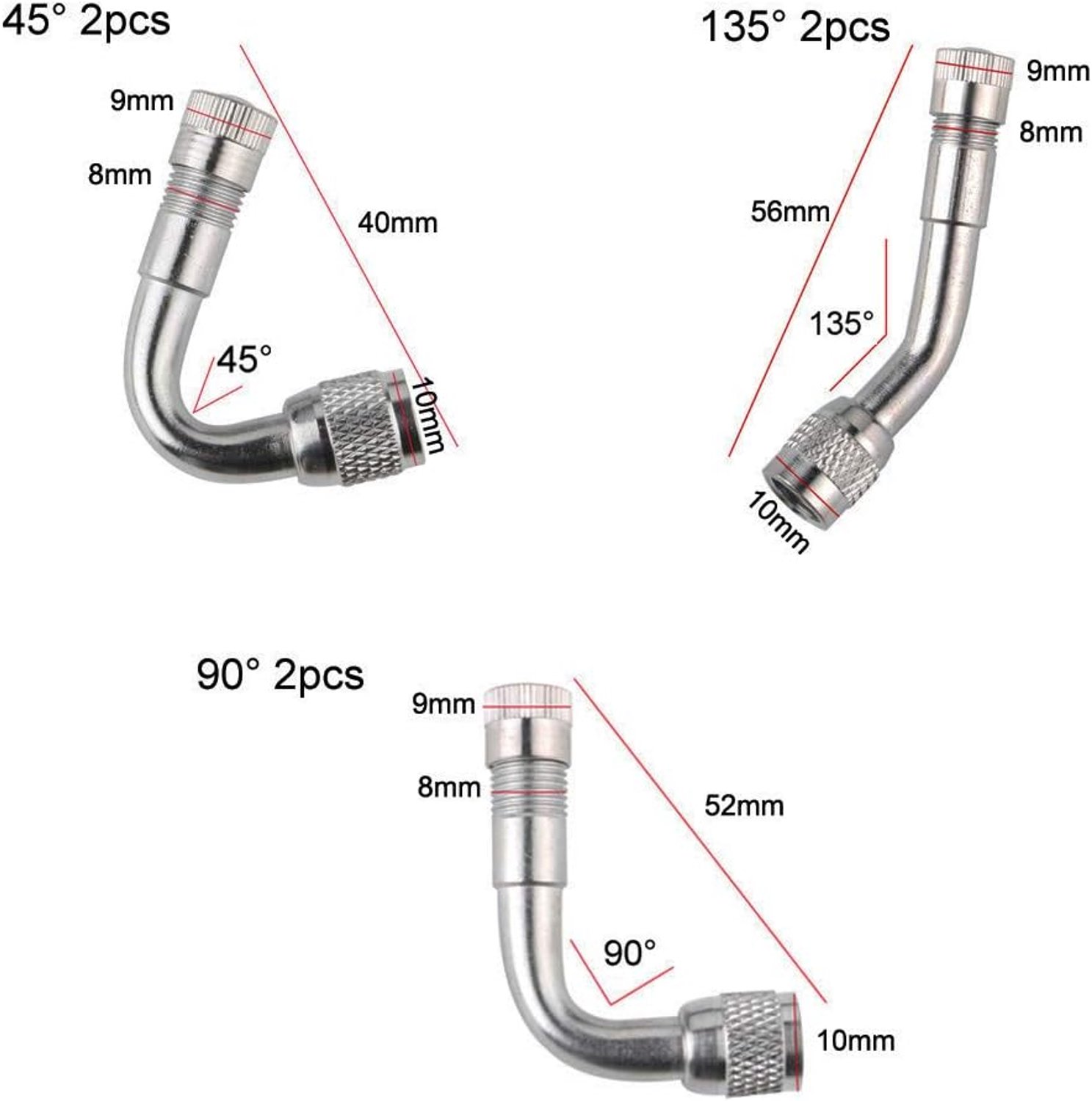 Ventielverlenging 6Pcs - 45, 90 en 135 graden - Rvs - Universeel voor auto, motor en fiets - m-winkel