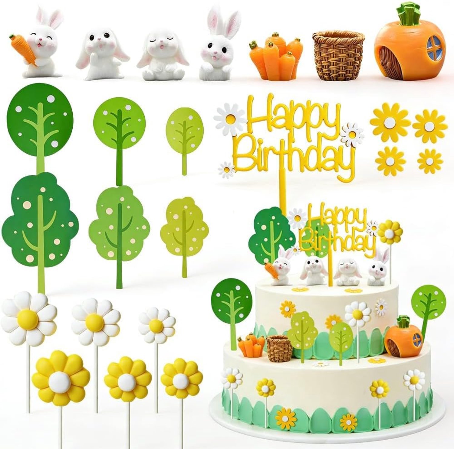 Cake Decoratie Set met Konijnen - Mini Tuin Decoratie - Schattige Figuren voor Pasen en Verjaardagstaarten - m-winkel