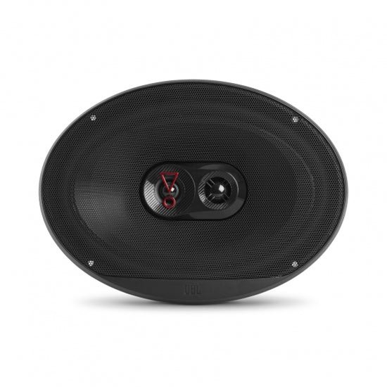 Zwarte, ovale 6x9 inch JBL Stage3 autospeaker met metalen rooster en rood JBL-logo.