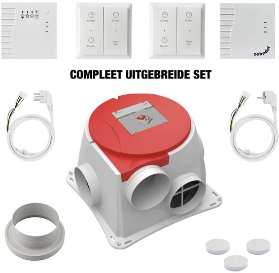 Complete uitgebreide set ventilatieapparatuur met unit, sensoren, schakelaars, kabels en doppen.