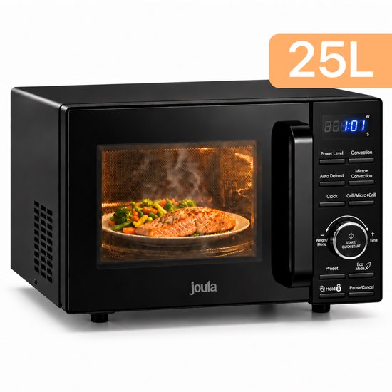 Zwarte Joula 25L combimagnetron met verlicht interieur en digitaal bedieningspaneel.