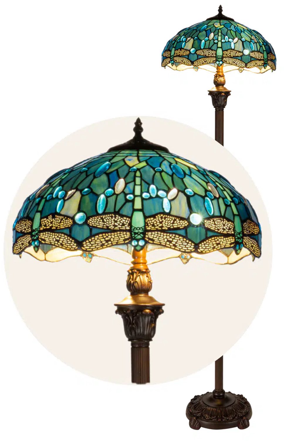 Tiffany vloerlamp Libelle - Blauw-groen - Ø 40 × H 165 cm - Staande lamp - Glas in lood - Warm licht - Dragonfly | RORUVERA