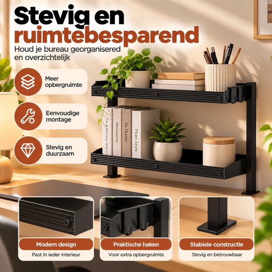 Zwart bureau-opbergrek met twee planken en haken, voor een georganiseerde werkplek.