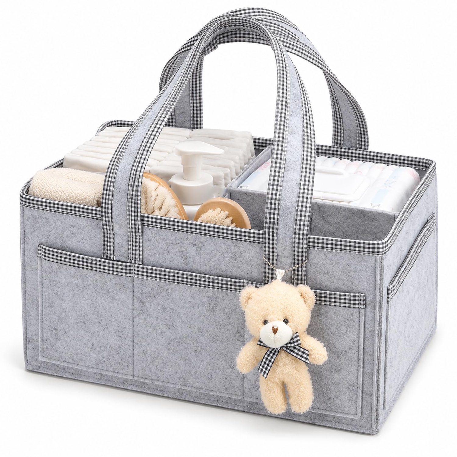 Luiertafelorganizer met meerdere vakken - grijs - robuuste vilten tas - handig voor luiers en babyaccessoires - Vemera