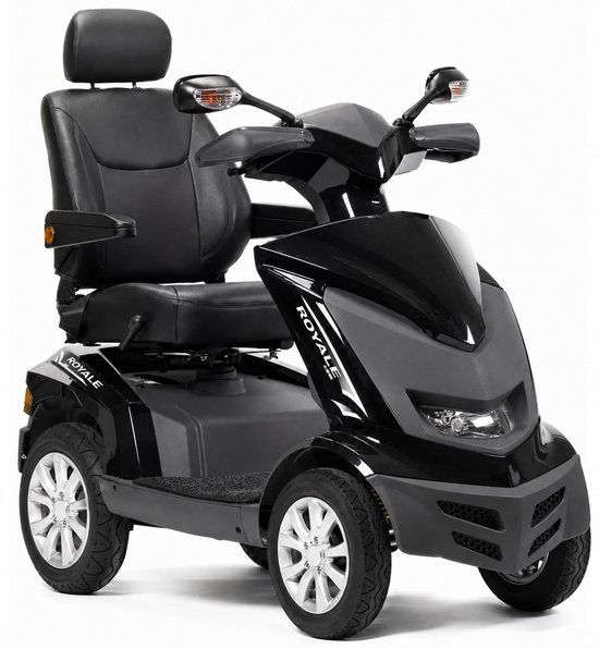 Zwarte Heartway Royale scootmobiel, zijaanzicht rechts met zilveren velgen en rode stiksels op de stoel.