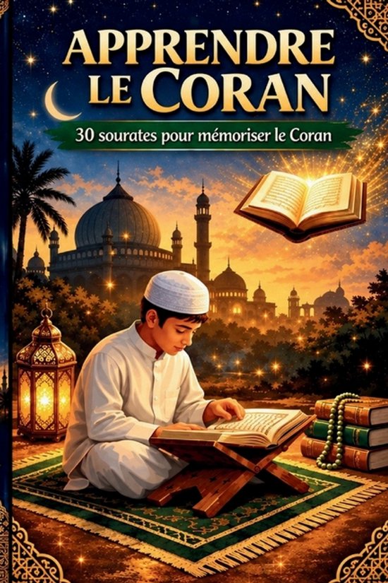 Jongen met een witte kufi leest de Koran op een gebedskleed met een moskee en een lantaarn op de achtergrond.