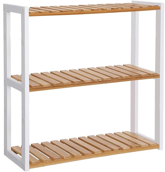 Lichtgewicht opbergrek met drie lattenbodem-planken van bamboe en een stevig wit metalen frame.