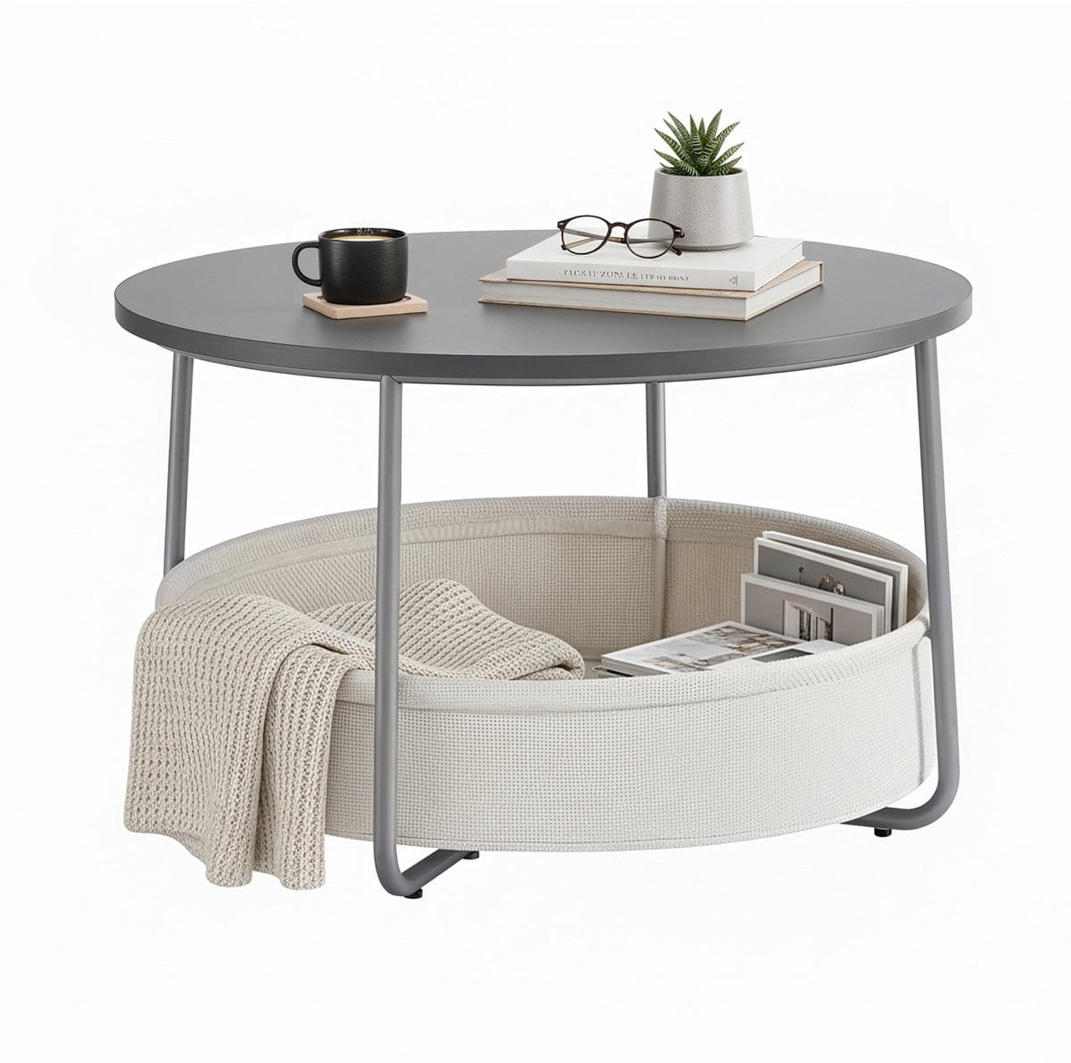 Klarven Salontafel Grijs-wit - Stoffen Salontafel - Salontafel Wit - Bijzettafel met Opbergruimte - Stoffen Opbergmand - Modern