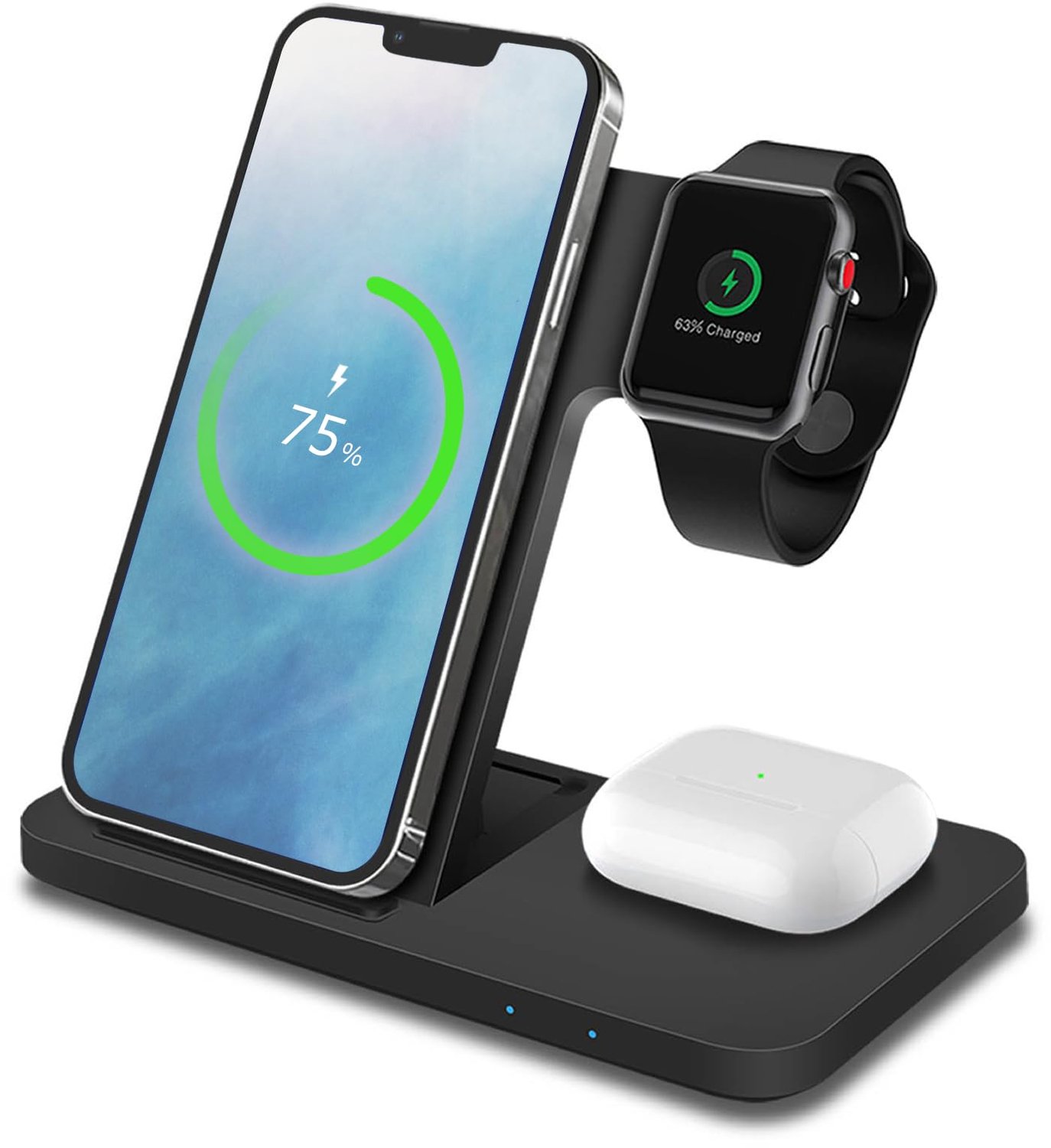 3-in-1 Draadloze Oplaadstation – Snelle 18W Draadloze Oplader voor Telefoon, Smartwatch en Oordopjes – Zwart
