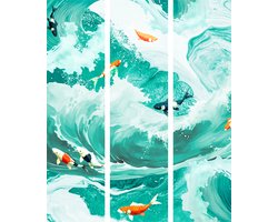 Akoestisch Kamerscherm – 3-Delig – 135 x 172 cm – Geluidsabsorberend – Koi Fish Among Waves - Japanese Fish Among Waves in Shades of Turquoise And White – Houten Frame – Roomdivider