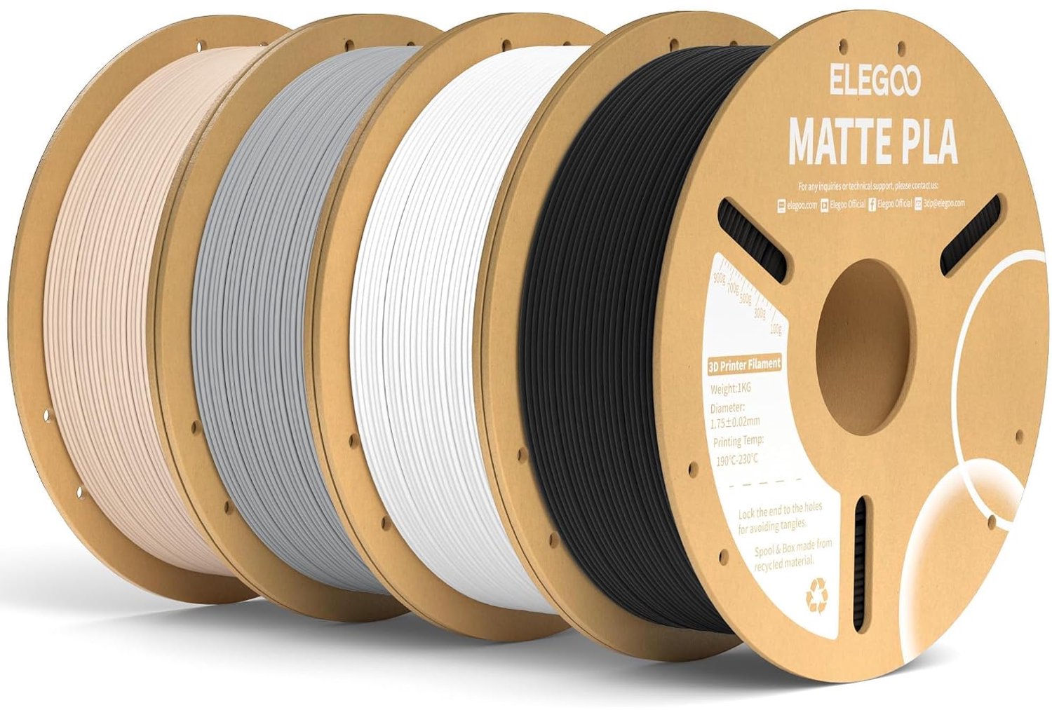ELEGOO PLA Filament - 1,75 mm - 8 Kleuren - 8 Rollen van 250 g - Mat - Hoge Maatvastheid - Voor FDM 3D-Printers