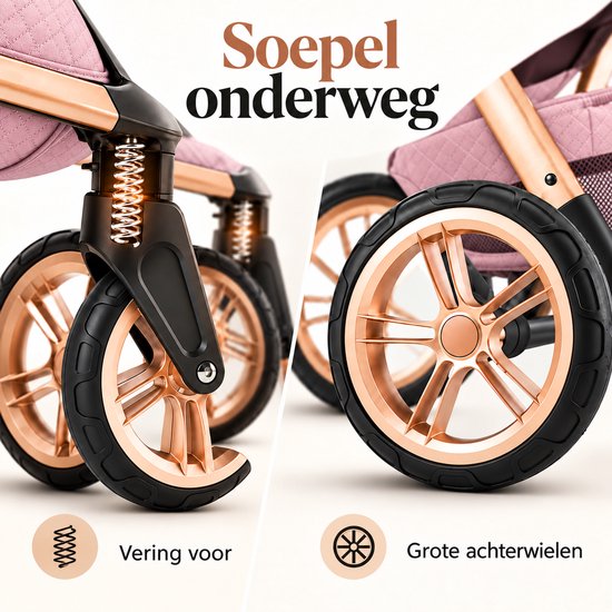Lunola Elin Kinderwagen 3 in 1 - Buggy met Autostoel - Wandelwagen - Premium Uitvoering - Inclusief Accessoires - Roze — afbeelding 5