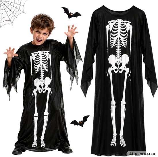 Zwart skeletkostuum voor kinderen met wit skeletmotief en wijd uitlopende mouwen, getoond op model en als los item.