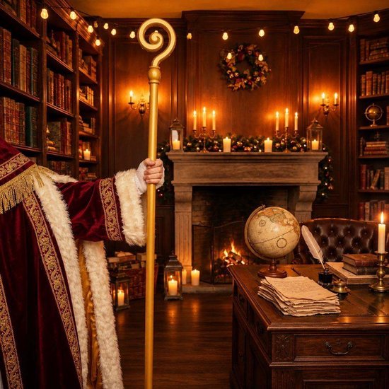 Sinterklaas in een fluwelen mantel houdt een gouden staf vast in een sfeervolle studeerkamer met open haard.