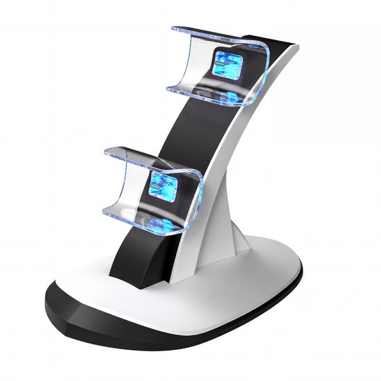 Wit en zwart oplaadstation voor twee controllers met transparante houders en blauwe oplaadverlichting.