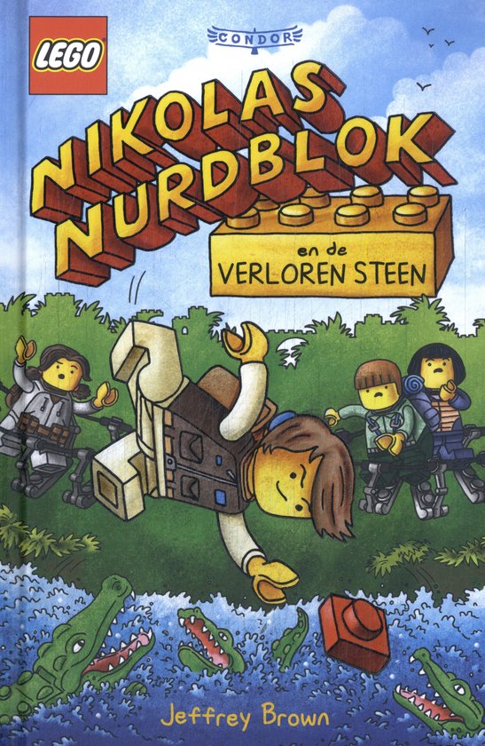 Boekomslag van LEGO Nikolas Nurdblok en de Verloren Steen met minifiguren die ontsnappen aan krokodillen in het water.