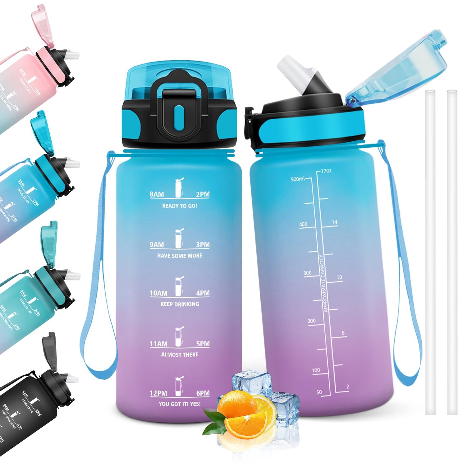 Drinkfles 500 ml - Herbruikbare Waterfles met Rietje - BPA-vrij en Lekvrij - Voor School, Sport, Kantoor en Onderweg