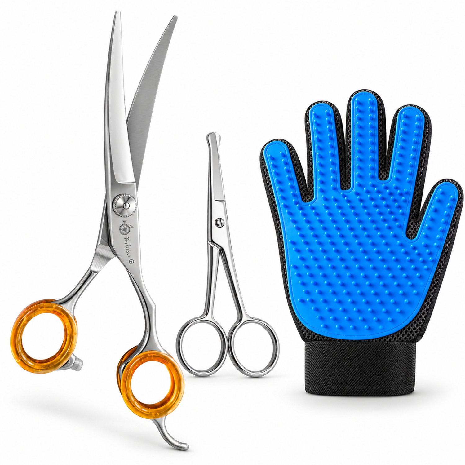 Professor Q Hondentrimset - Omhoog Gebogen Trimschaar 7,5 inch Oranje - Potenschaar Zilver en Vachthandschoen Blauw - 3-delig