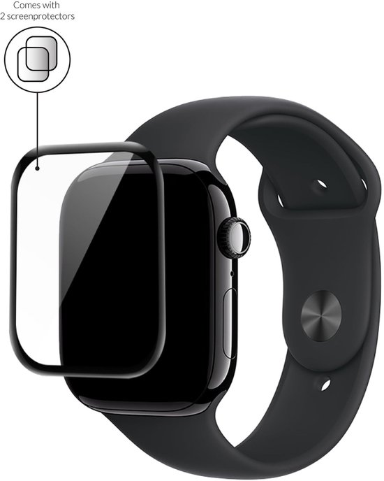Zwarte Apple Watch met screenprotector en een bubbel met 2 screenprotectors.