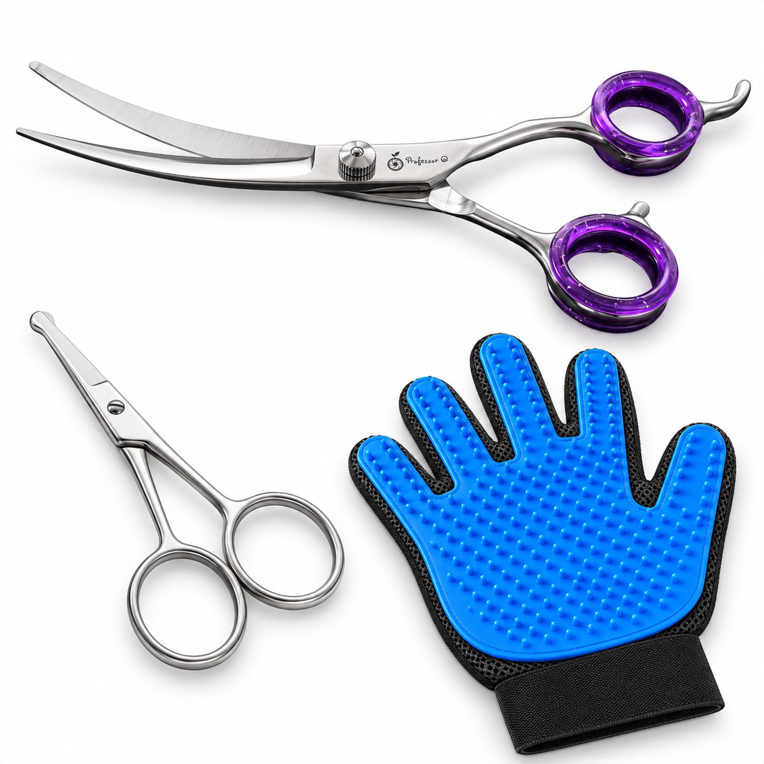 Professor Q Hondentrimset - Omhoog Gebogen Trimschaar 7,5 inch Paars - Potenschaar Zilver en Vachthandschoen Blauw - 3-delig