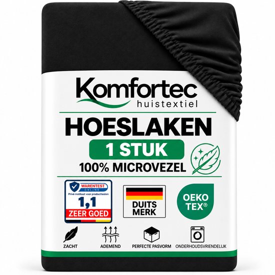 Zwart Komfortec hoeslaken van microvezel met verpakking voorzien van productinformatie en keurmerken.