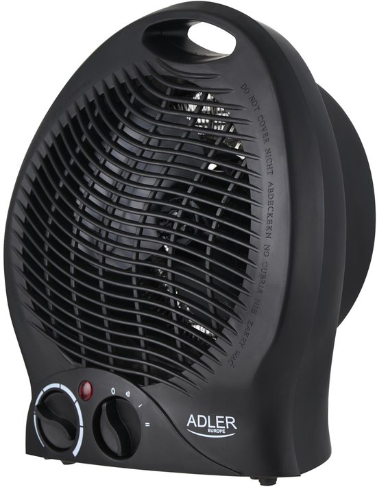 Zwarte Adler ventilatorkachel met twee draaiknoppen, indicatielampje en waarschuwing "niet afdekken" op de voorzijde.