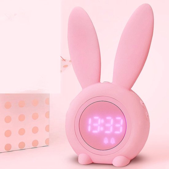 Slaaptrainer voor kinderen - Kinderwekker - Slimme, automatisch aanpasbare ademhalingslamp - Spraakbediening of trilling - Weergave van tijd/datum/temperatuur - Roze konijn — afbeelding 5