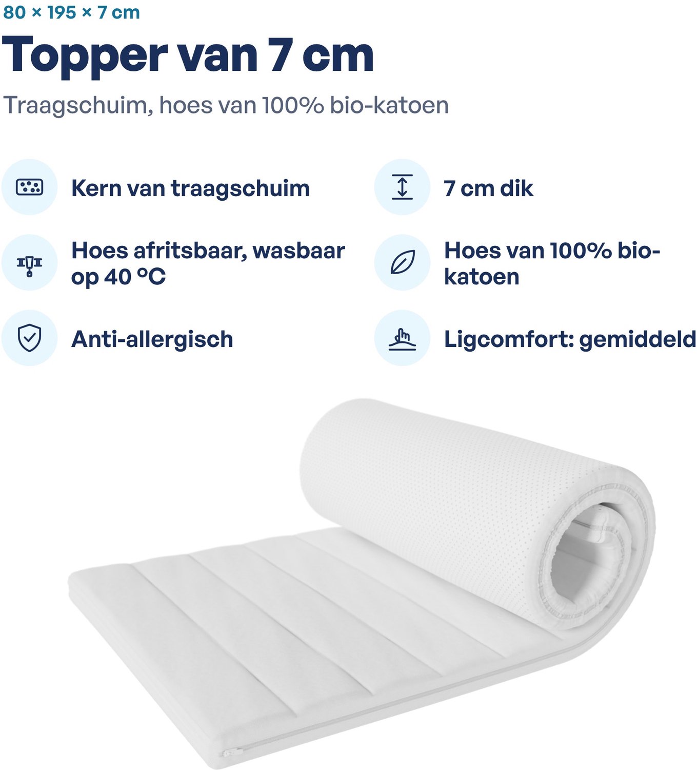 Topdekmatras Matras Topper - 80x195x7 CM