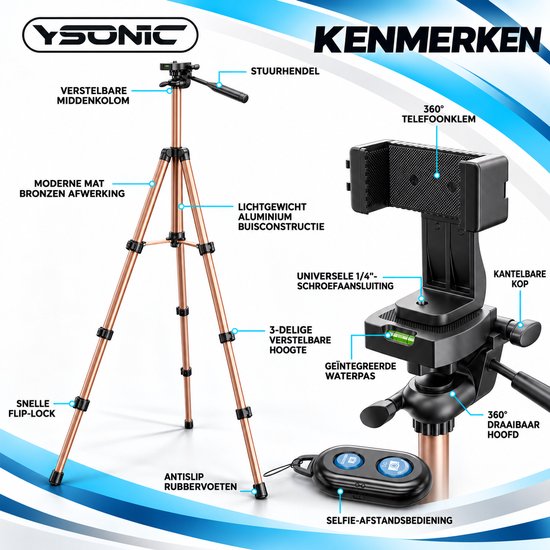 YSONIC statief kenmerken: verstelbare middenkolom, 360-graden klem, selfie-afstandsbediening en antislipvoeten.