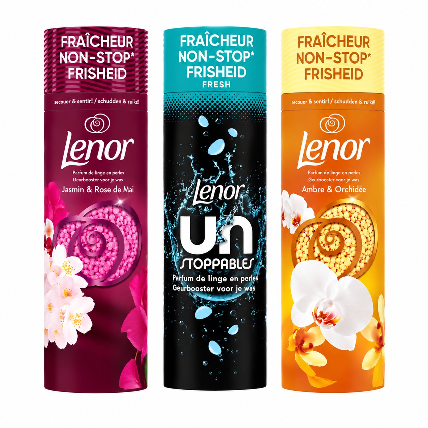 Lenor Geurbooster Geurparels Voordeelset – 3 x 240 g – Jasmin & Rose de Mai, Unstoppables Fresh & Ambre & Orchidée