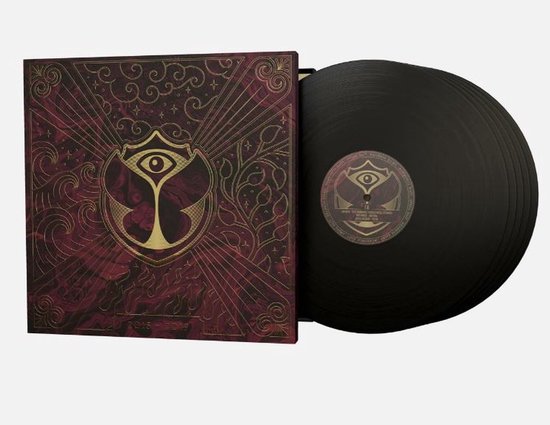 Zwarte Tomorrowland 2015-2019 vinylset in een gedecoreerde box met goudkleurig logo en ornamenten.