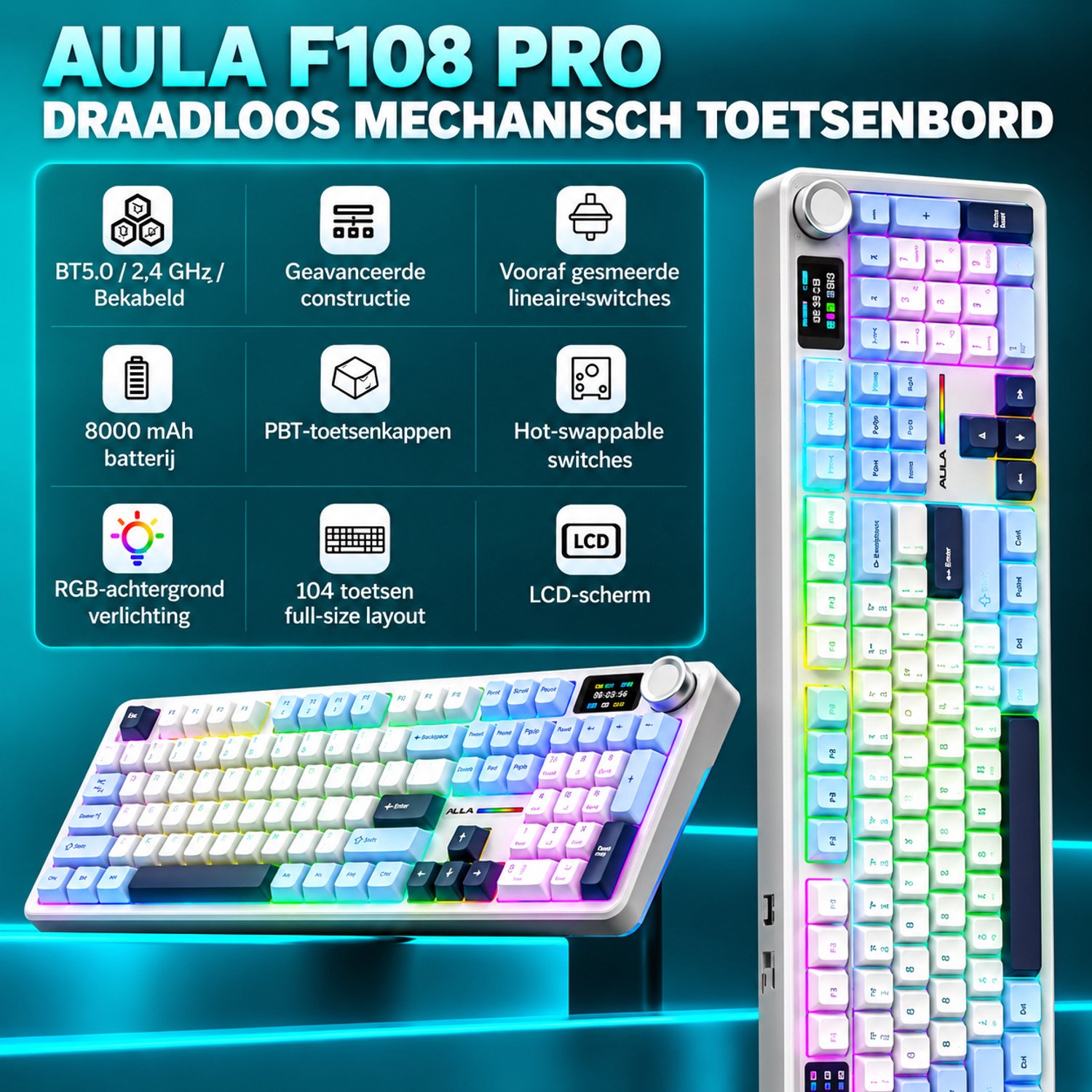 EPOMAKER x AULA F108 Pro - Licht Blauw - Mechanisch Gaming Toetsenbord – LCD Display – RGB – Tri-Mode Draadloos – Hot-Swappable – Full Size - Reaper Switch thumbnail 6