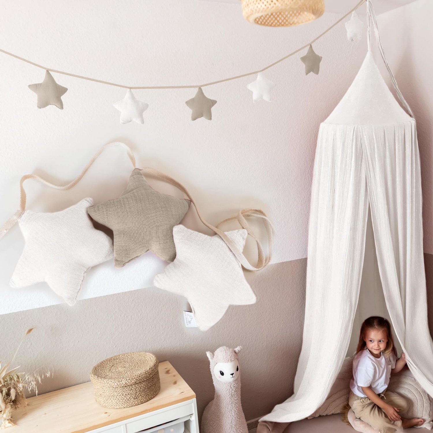 LILIMAUS Sterren slinger kinderkamer - stoffen slinger van mousseline katoen - 300 cm - lichtbeige en wit