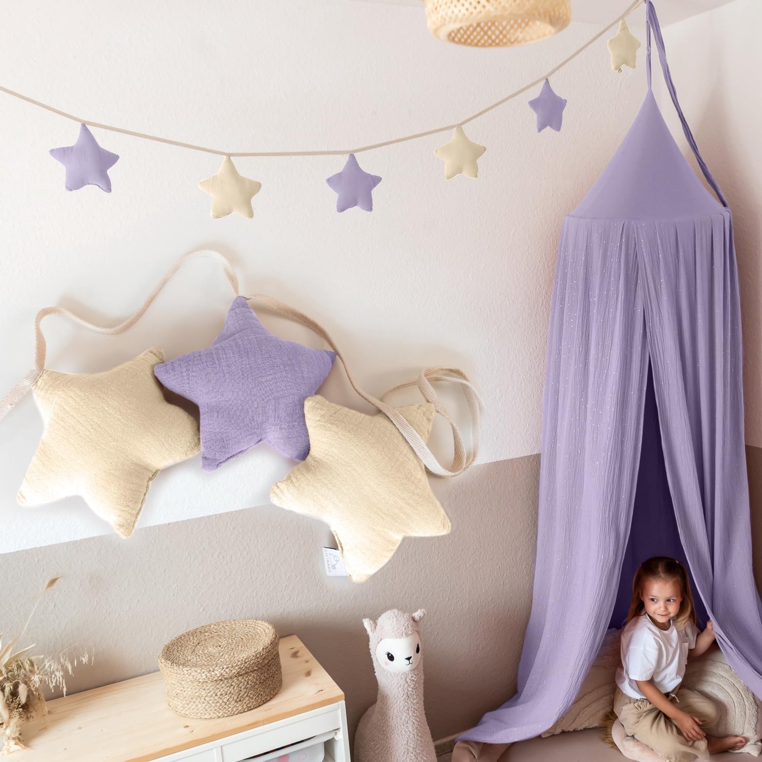 LILIMAUS Sterren slinger kinderkamer - stoffen slinger van mousseline katoen - 300 cm - lila en crème