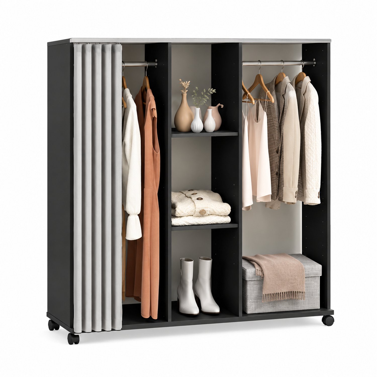Bresht Kledingkast - 6 Draaibare wielen - 2 Kledingstangen - 3 Legplanken - Inclusief gordijn - Zwart/Grijs - 120 × 40 × 128 cm