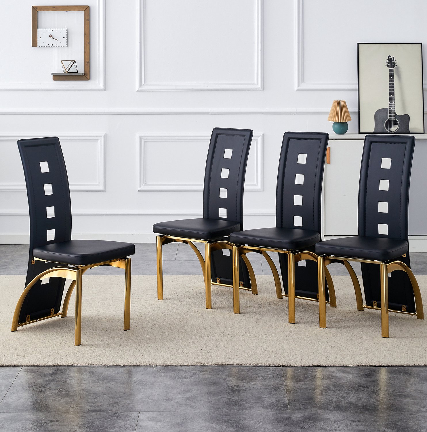 MODENUIT Eetkamerstoel - Set Van 4 Met Open Rugleuning - Kunstleer En Metaal - Zwart Goud - 41x49x102,5 Cm