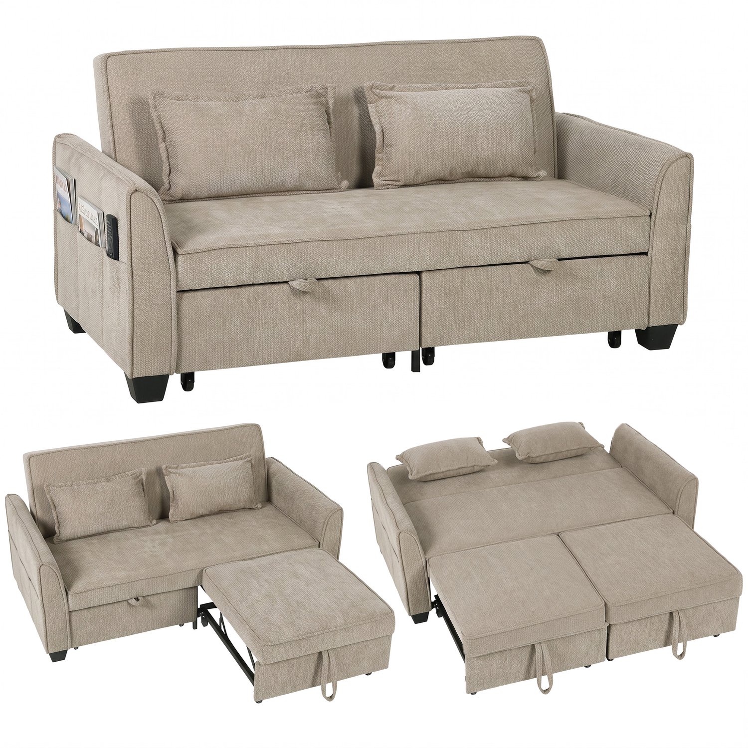 HOMCOM-slaapbank-chenillestof-167 x 89 x 85 cm-lichtbruin