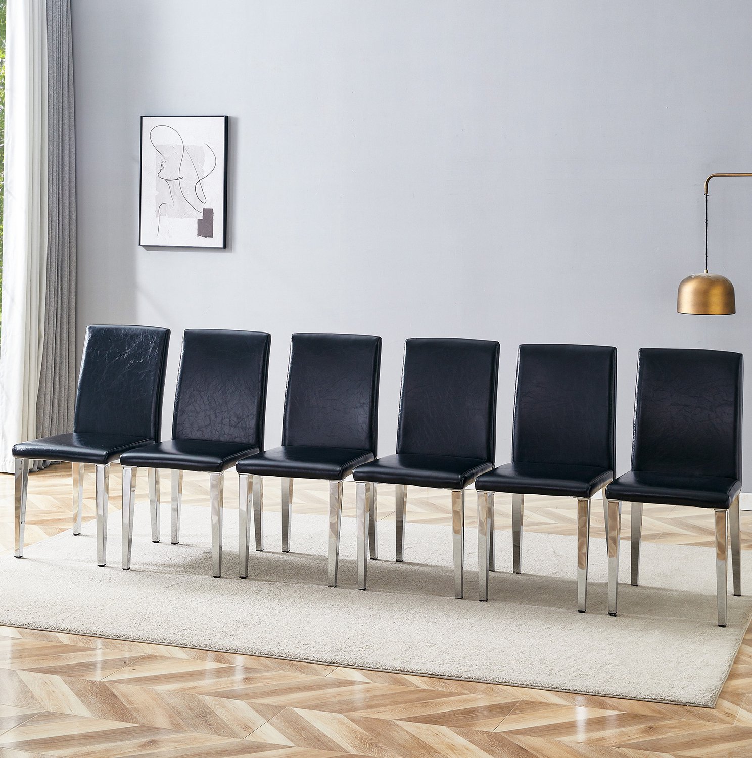 DESMIU Eetkamerstoel - Set Van 6 - Gewatteerde Zitting En Ergonomische Rugleuning - Voor Eetkamer En Woonkamer - Kunstleer Metaal - Zwart Zilver