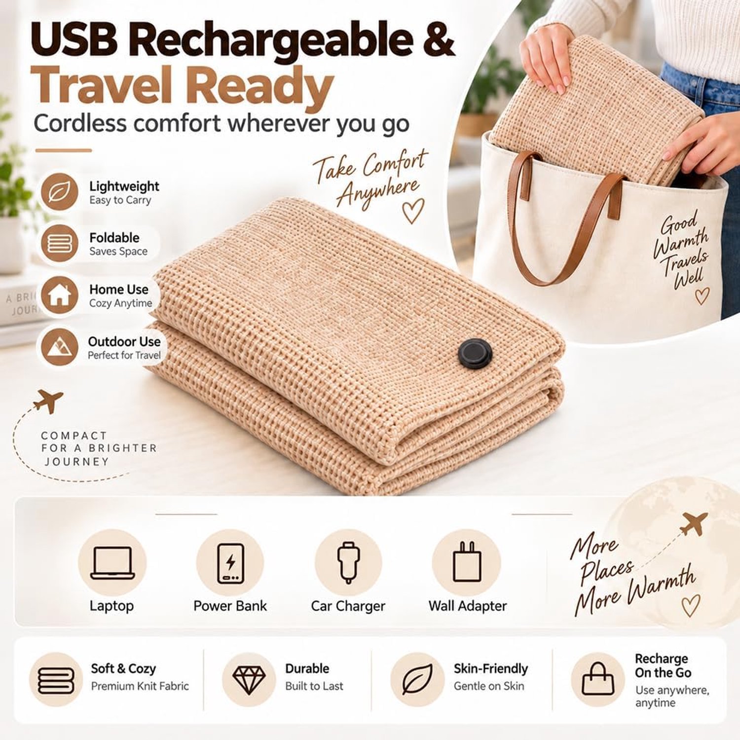 Elektrische deken - Verwarmde Hoodie Deken - Verwarmbare omslagdoek/deken - Oplaadbare verwarmde deken - USB-oplaadbaar - Ritssluiting - Unisex - Geschikt voor gebruik thuis, buiten en op kantoor - Beige - 150x80cm – foto 2