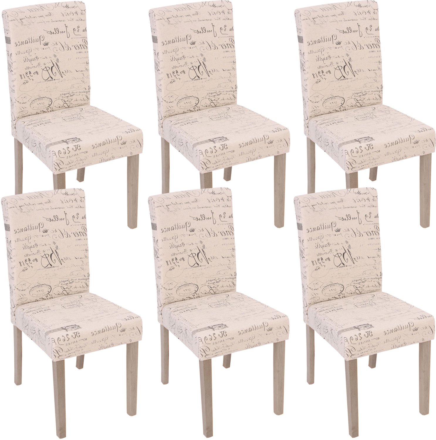 MCW Set van 6 eetkamerstoelen Littau, stoel keukenstoel ~ textiel met opschrift, crème, poten structuur - eikenhout