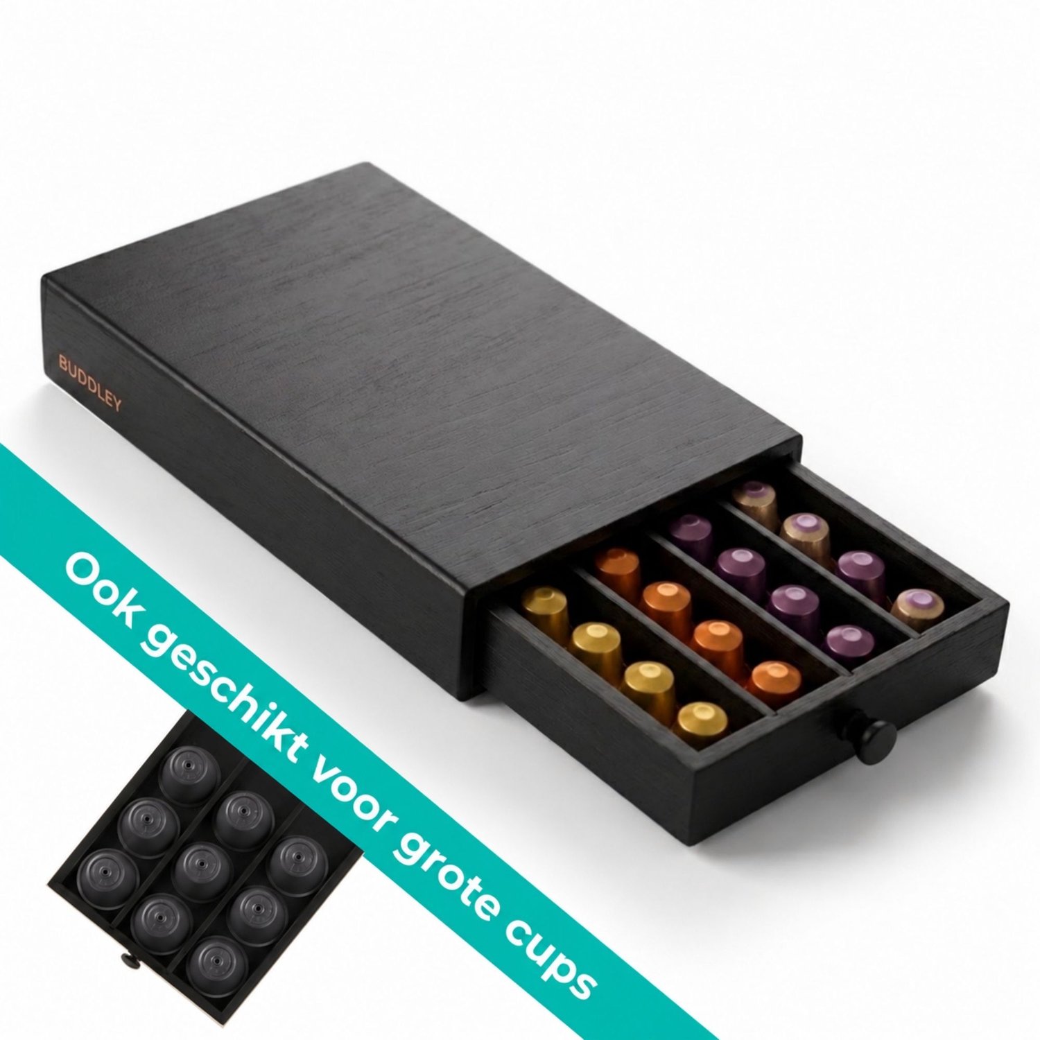 BUDDLEY Koffiecups Houder - Bamboe - Geschikt voor Nespresso en Dolce Gusto - Capsulehouder - Koffiecapsulehouder - Koffiecuphouder - Cuphouder Lade - Capsule Organizer - Koffiecups Houder - Capsule houder - Met lade - Zwart