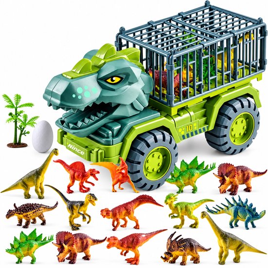 Nince dinosaurus transporttruck in groen met kooi, inclusief 16 kleurrijke dinosaurusfiguren, een ei en een palmboom.