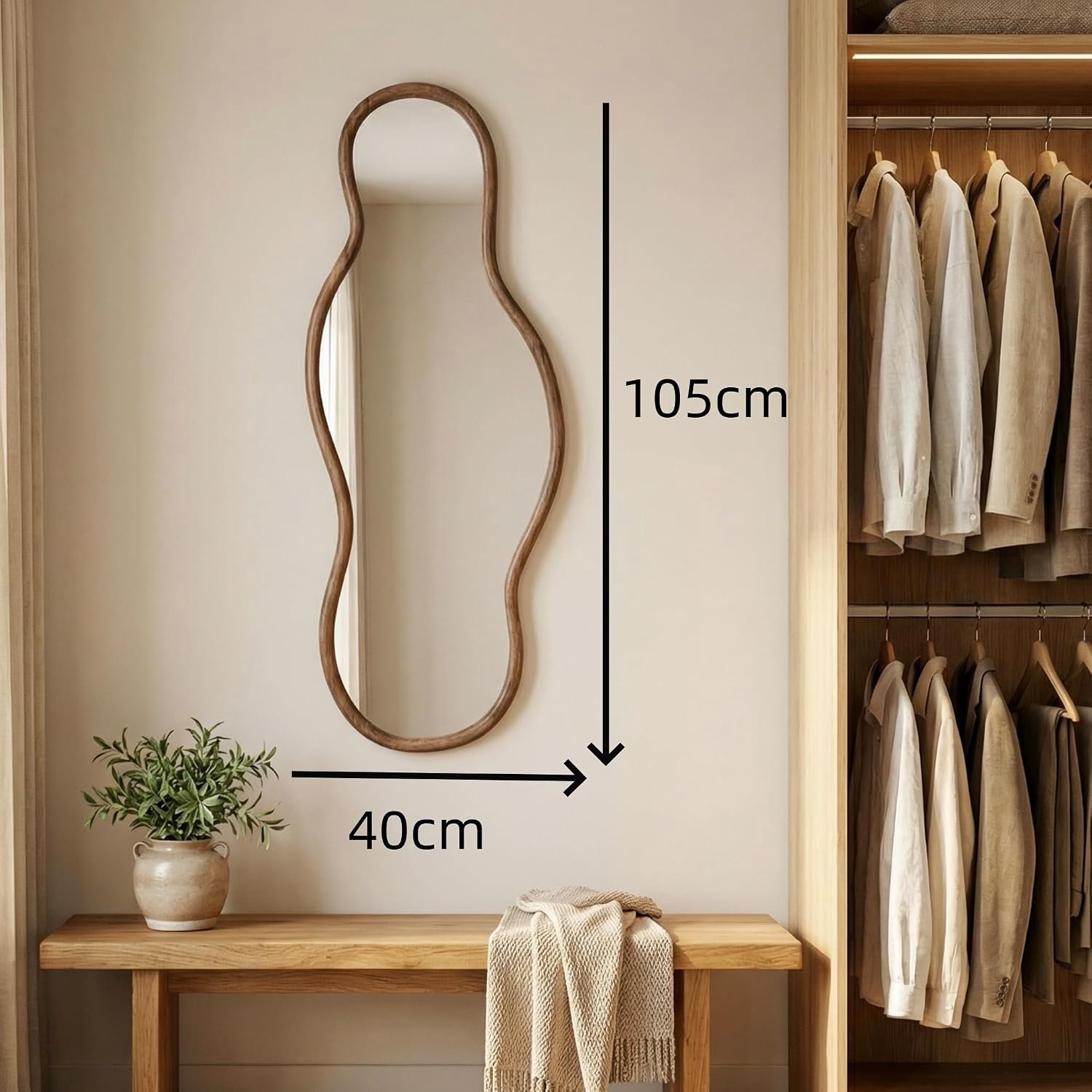 Wolkvormige Asymmetrische Wandspiegel 105 × 40 cm – Organische Spiegel met Houten Lijst voor Woonkamer, Slaapkamer en Hal