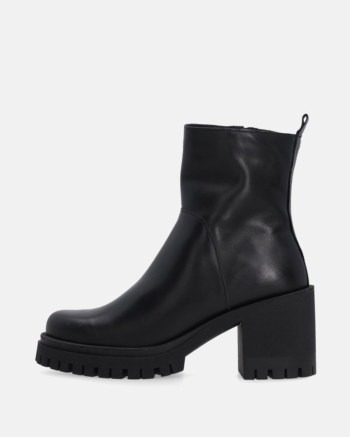 Dames enkellaarzen - Zwart leer - Blokhak van 8 cm