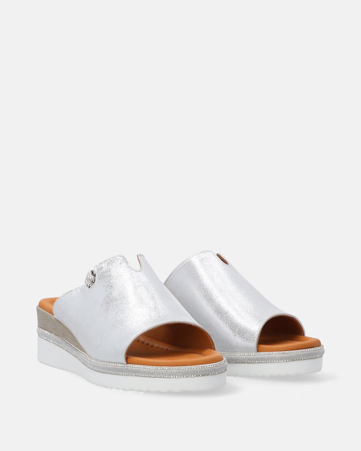 Zilveren leren dames-slippers - Sleehak - Sierbies - Maat 37