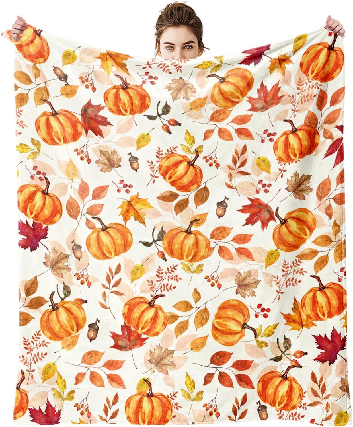 KZQ Oranje Herfstdeken 130x150 Cm - Warme Fleece En Sherpa Plaid, Dubbelzijdig, Zacht En Cosy Voor Bank, Bed En Woonkamer, Met Pompoenmotief Voor Halloween En Herfst Veelkleurig