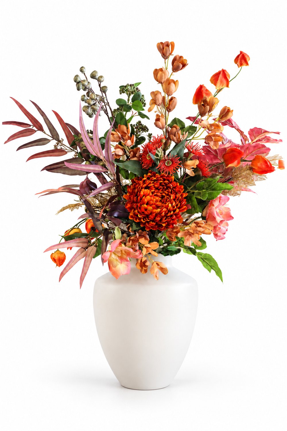Bloemenjunkie Kunstbloemen - Zijden Bloemen Boeket - Nepbloemen - Kunstboeket - 75cm Hoog - Luxe & Onderhoudsvrij - Herfst - Chrysant rood, oranje, zalm
